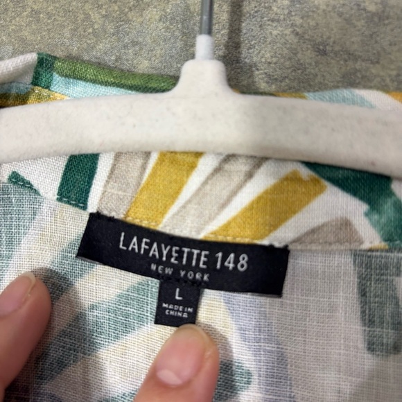 Lafayette 148 New York Green Leaf Blouse Sz L 100% Linen Button Down Top Coastal - Picture 3 of 7